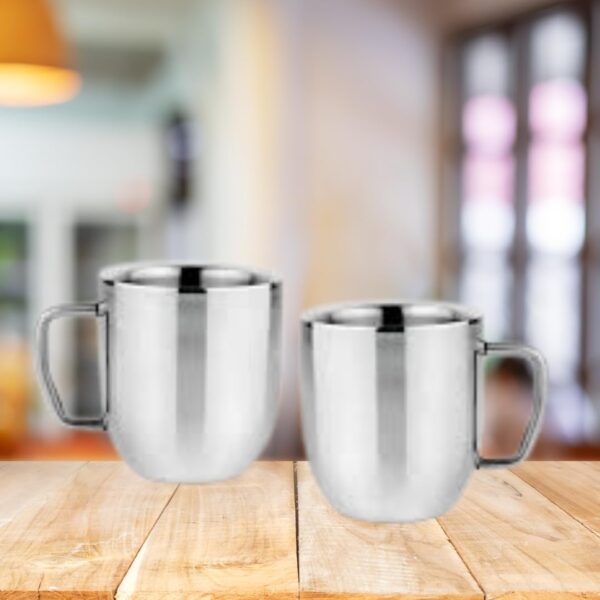 Sanimart Stainless Steel Double-Wall Cappuccino Coffee Mug/Tea Mug, Set of 2 | Tea Cups with Handle and Round Base, Strong and Durable, 200ml Each, Silver (Medium)