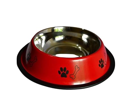 Sanimart Stainless Steel Pet Feeding Paw & Bone Print Bowl - (Radiant Red) for Small Dogs & Puppies | Food/Water Feeding Anti-Slip/Skid Rubber Base Bowl (400 ML)